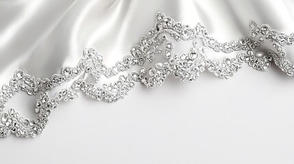 Fototapeta premium Silver Rhinestone Lace on White Satin Fabric
