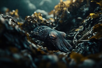 Cuttlefish camouflaged in dark seaweed creates mysterious underwater scene
