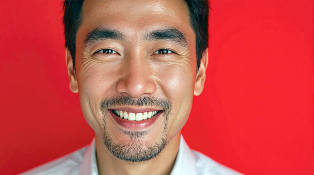 Smiling Asian man with goatee against red background happy positive expression closeup photo