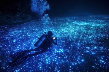 Underwater photograph of diver surrounded by glowing plankton bloom