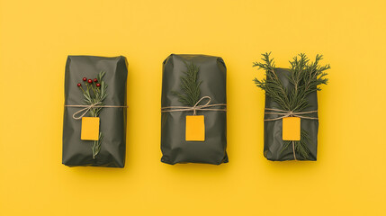 Eco-Chic Gift Wrapping: Three elegantly wrapped gifts in dark grey paper, adorned with sprigs of greenery and tied with twine, rest on a vibrant yellow background.