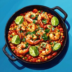 Vibrant seafood paella flat lay culinary art high quality digital image bright blue background aesthetic presentation