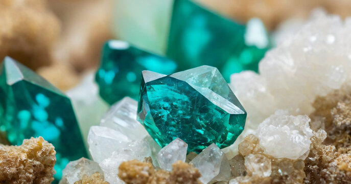 Green blue Dioptase with white calcite. Specimen from Tsumeb, Namibia. Micro photography extreme close-up. microscope mineral crystal photography for Scientific use.