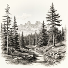 Fototapeta premium Mountain landscape with a river, mountain peaks, spruce forest at the foot of the mountains, coniferous trees, icon, simple black and white sketch, painting, image for printing on a t-shirt
