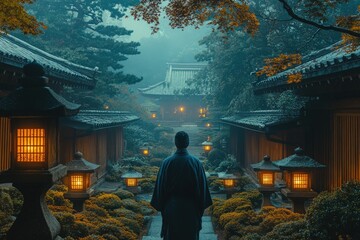 Naklejka premium Person walks through a misty Japanese temple garden.