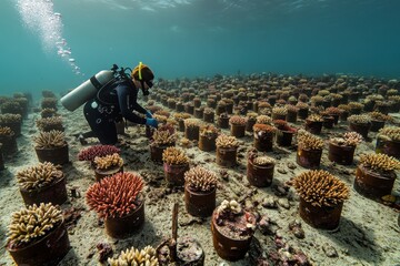 Diver restoring damaged reef with vibrant coral fragments in sunlight