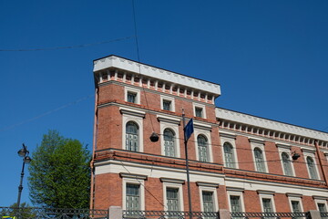 red brick building and blue sky