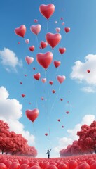 Fototapeta premium vertical photorealistic illustration of a group of heart shaped balloons flying in the sky free to celebrate love and valentine's day holiday