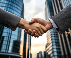handshake against the backdrop of a modern business district, people shaking hands against the backdrop of skyscrapers