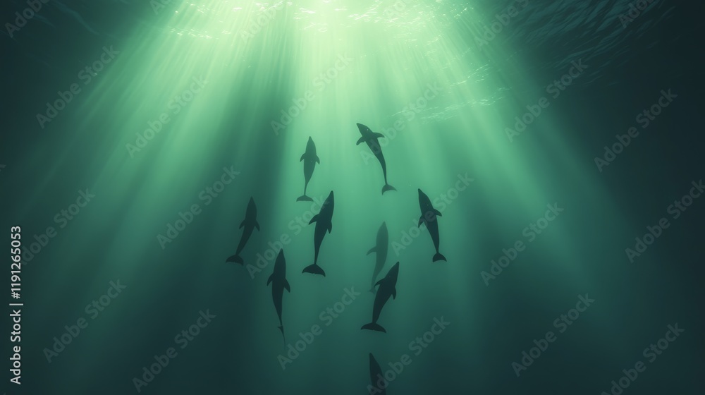 Poster sunlight filtering through the ocean water creates a beautiful spectacle illuminating a group of dol