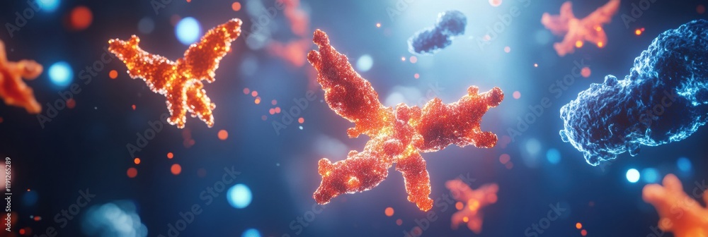 Aufkleber visualized antibodies attacking glowing viruses in a digital artwork showcasing immune response mech