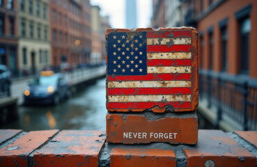 American flag painted on weathered brick in New York City. Memorial tribute to September 11th. Urban setting with canal waterway in background. Cityscape with old buildings. Message of never