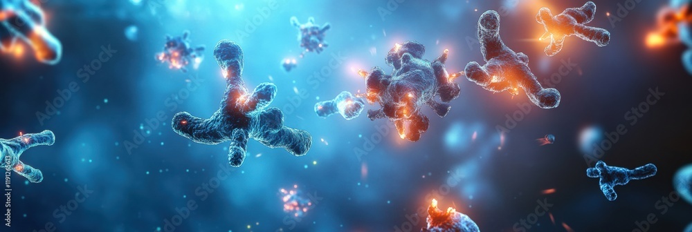 Leinwandbilder Visualized antibodies vividly attacking glowing viruses in a dynamic and colorful microscopic environment. Generative AI
