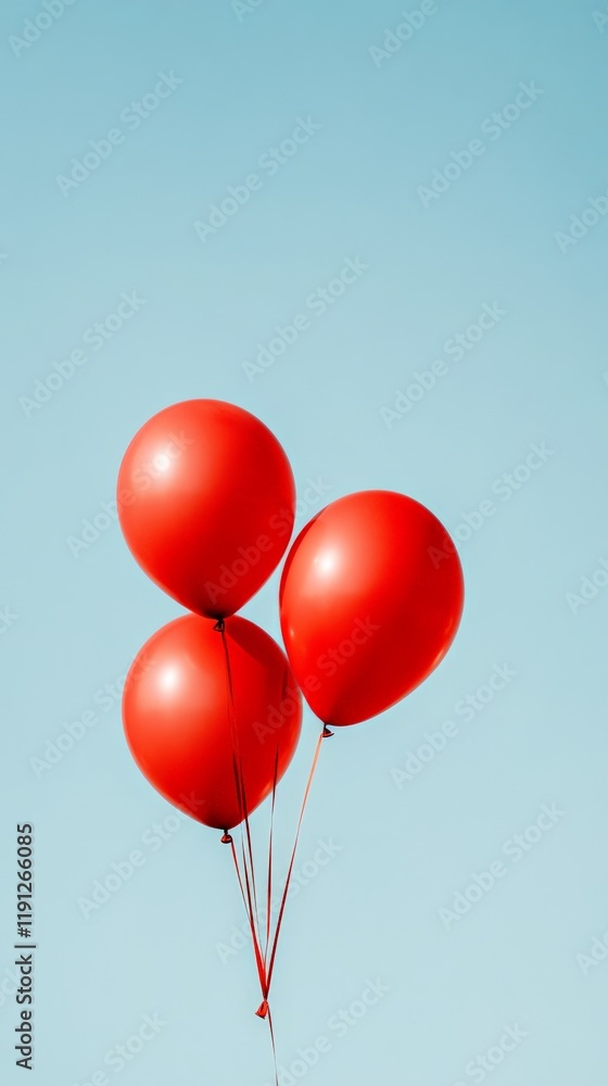 Poster three vibrant red balloons are gracefully floating against a serene blue sky, creating a simple yet 