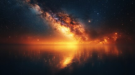 Fototapeta premium Milky Way galaxy over calm, orange-hued ocean.