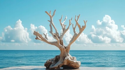 Serene Coastal Driftwood Sculpture Against a Blue Sky and Ocean Background