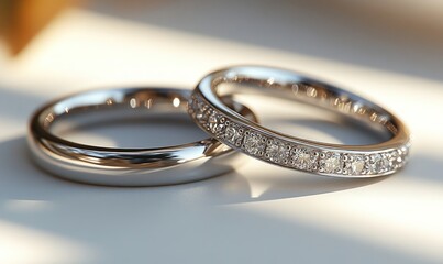 Two wedding rings, one diamond-encrusted.