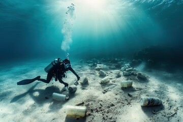 Diver cleans ocean floor plastic debris serene underwater scene