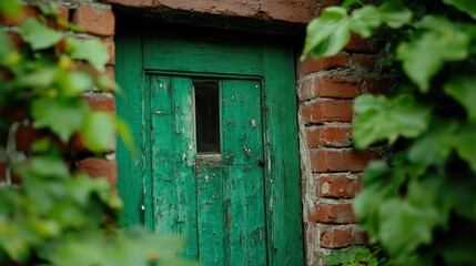 Weathered Green Door in Brick Wall, Hidden Entrance, Overgrown with Ivy