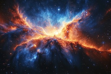 Cosmic nebula, fiery orange, blue hues, starry expanse.