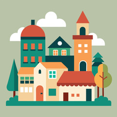 Vector illustration of city houses in an urban neighborhood