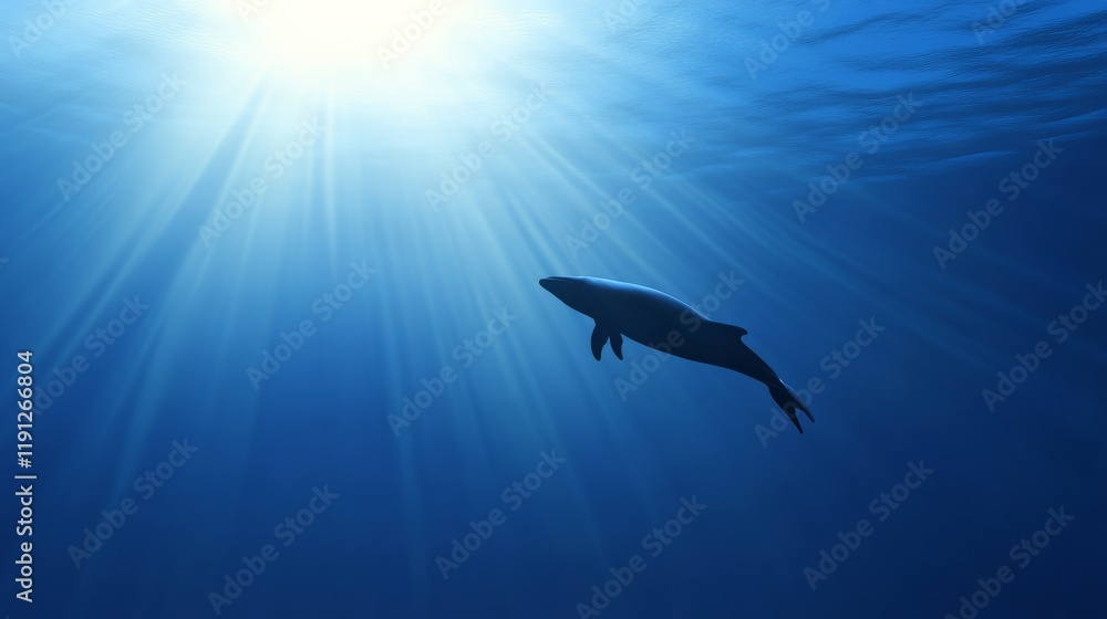 Poster sun rays filtering through the water surface illuminating a dolphin swimming in the deep blue ocean,
