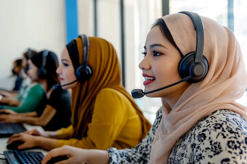 arab girl call center employee at work, religious girl with covered hair works in call center, customer support center