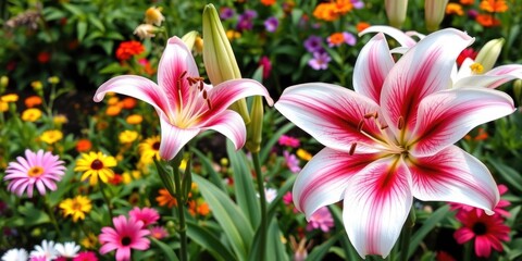 A delicate pink lily flower standing next to a large white lily flower in a garden surrounded by vibrant summer flowers and foliage, blooming flowers, lily blooms