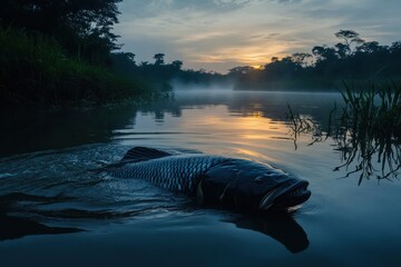 Serene river scene with Arapaima in soft dawn light