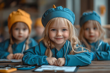 Children in a kindergarten dressed as doctors, engaging in a playful and educational activity to learn about healthcare and caring for others