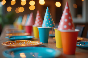 A vibrant birthday table setup with colorful polka-dot party hats, matching cups, and plates arranged for a celebration. Party. Birthday. Children. New Year