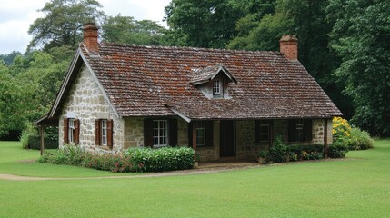 Obraz premium Stone Cottage with Brown Shingle Roof in Lush Green Setting