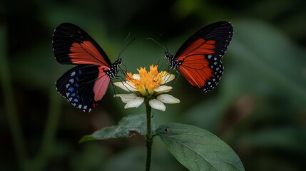 Fototapeta premium Two butterflies with orange and black wings perch on a white flower, their wings almost touching.