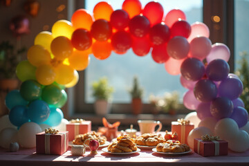 Naklejka premium A cheerful rainbow balloon arch above a festive table with gifts, pastries, and colorful decor, creating a lively celebration ambiance. Birthday. Party. Christening. Anniversary. Event