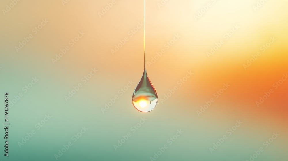 Poster single, glistening water droplet hangs suspended, reflecting the warm hues of a setting sun against 