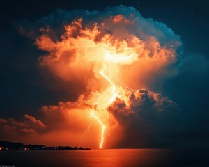Fototapeta premium Lightning illuminating a fishing village during a midnight storm, raw beauty of coastal extreme weather