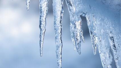 Frosty icicles on a rooftop reflecting light in hues of blue and white with delicate cracks along their edges