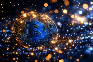 Digital isolated Bitcoin symbol made of glowing blue numbers and letters on a dark background. A concept illustrating cryptocurrency