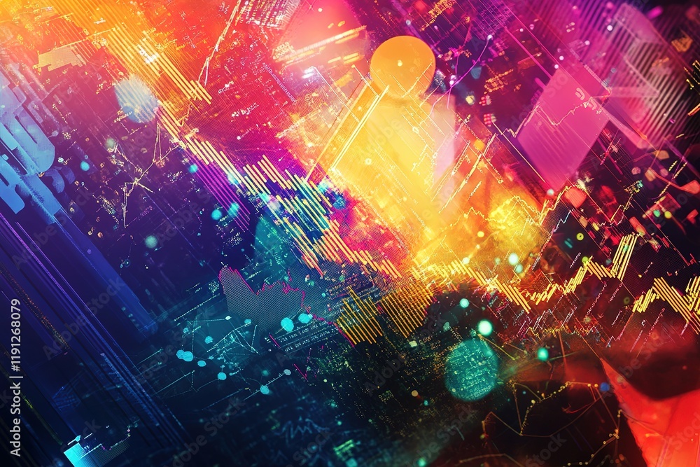 Poster abstract data visualization, vibrant colors, dynamic graphs.