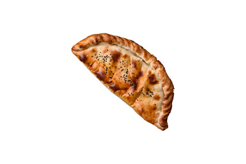 Cheburek meat pastry pie with herbs on the white background