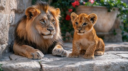 Naklejka premium Lion and cub resting together in a serene setting.