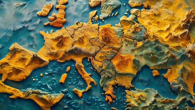 A textured relief map of Europe highlighting mountain ranges, borders, and seas in vivid detail, showcasing geographic and topographic features