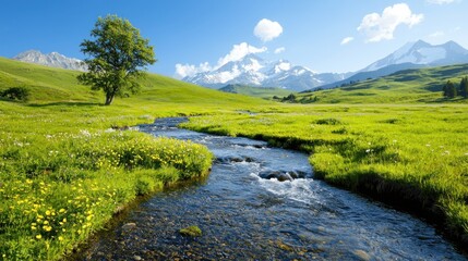 Serene Landscape with Flowing Stream, Green Meadow, and Snow-Capped Mountains