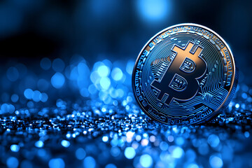 Digital isolated Bitcoin symbol made of glowing blue numbers and letters on a dark background. A concept illustrating cryptocurrency