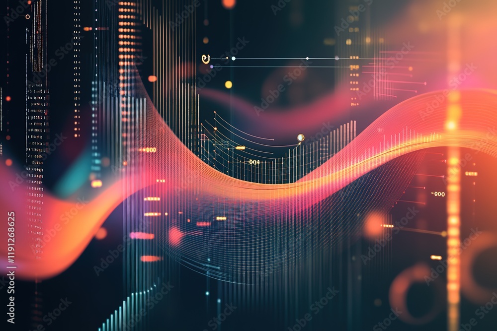 Poster abstract data visualization, flowing lines and digital patterns.