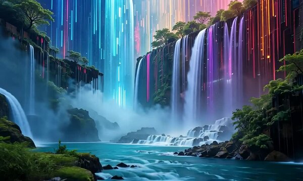 Binary  with color waterfalls Waterfall cascading across.