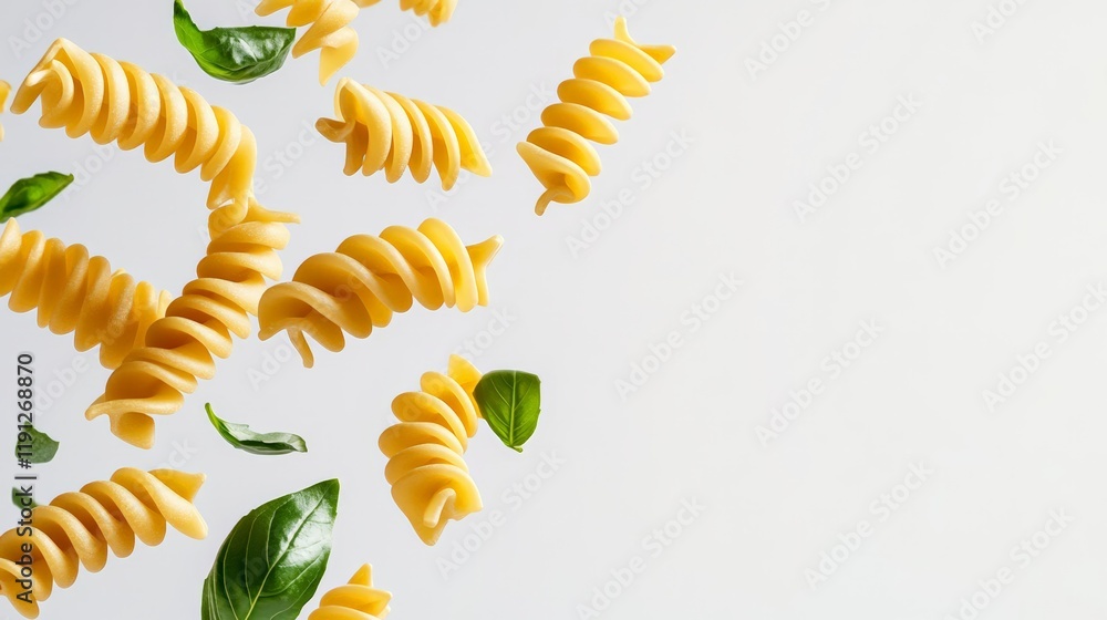 Poster Several pieces of fusilli pasta and fresh basil leaves are levitating against a clean white background, creating a dynamic and appetizing visual suitable for food related projects
