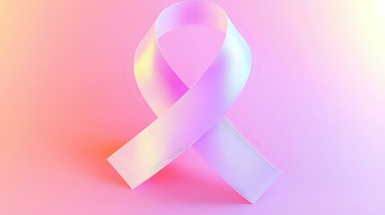 A glowing cancer awareness ribbon in soft pastel tones, centered on a clean background with subtle gradients and light reflections, symbolizing hope and strength