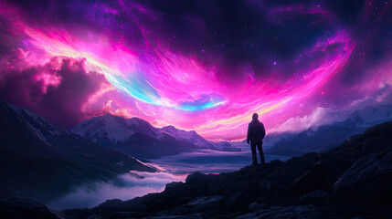 Fototapeta premium Silhouetted Person Observing Vibrant Aurora over Mountainous Landscape at Night