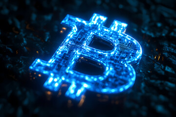 Digital isolated Bitcoin symbol made of glowing blue numbers and letters on a dark background. A concept illustrating cryptocurrency